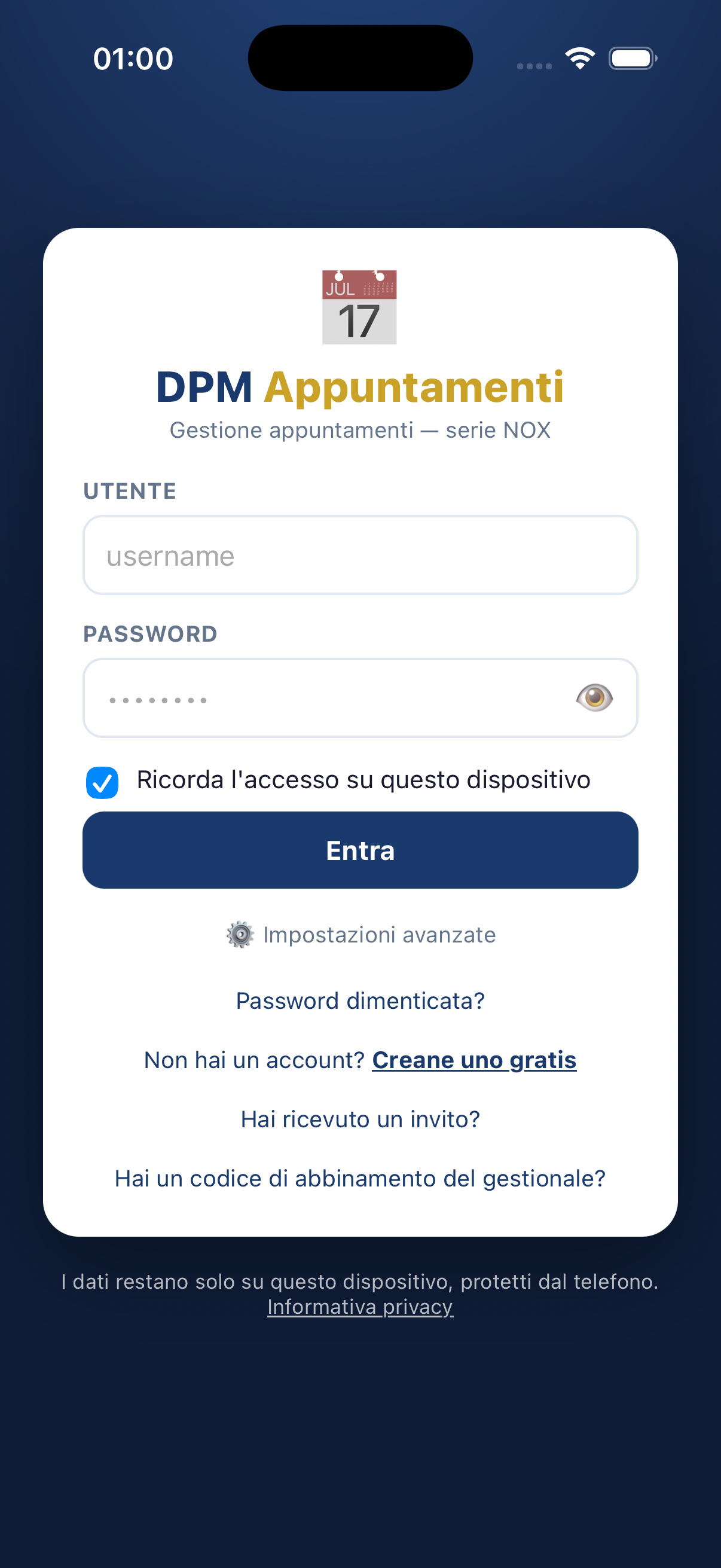 Schermata di accesso